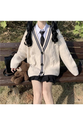 Retro Navy Preppy Varsity Cardigan Cream One Size Shoptery