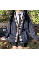 Retro Navy Preppy Varsity Cardigan Navy Blue One Size Shoptery