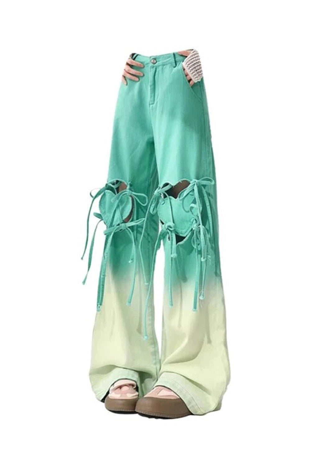 Alt Ombre Cutout Lace-Up Pants Green Shoptery