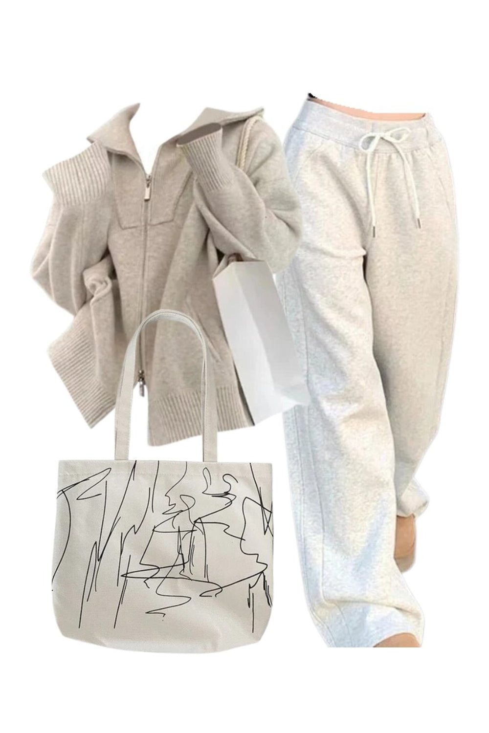 Outfit: Cozy Neutral Zip-Up Sweater+Retro Gray Jogging Pants+Artsy Minimalism Shopping Bag Default Title Shoptery