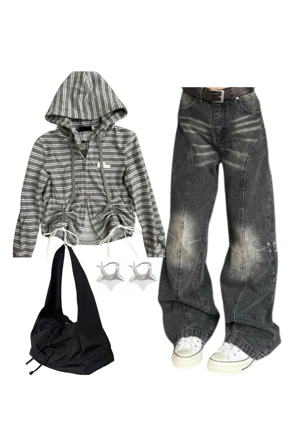 Y2k Outfit: Striped Cozy Zip-Up Hoodie+Washed Black Wide-Leg Jeans+Fashionable Black Nylon Bucket Handbag+Earrings Default Title Shoptery
