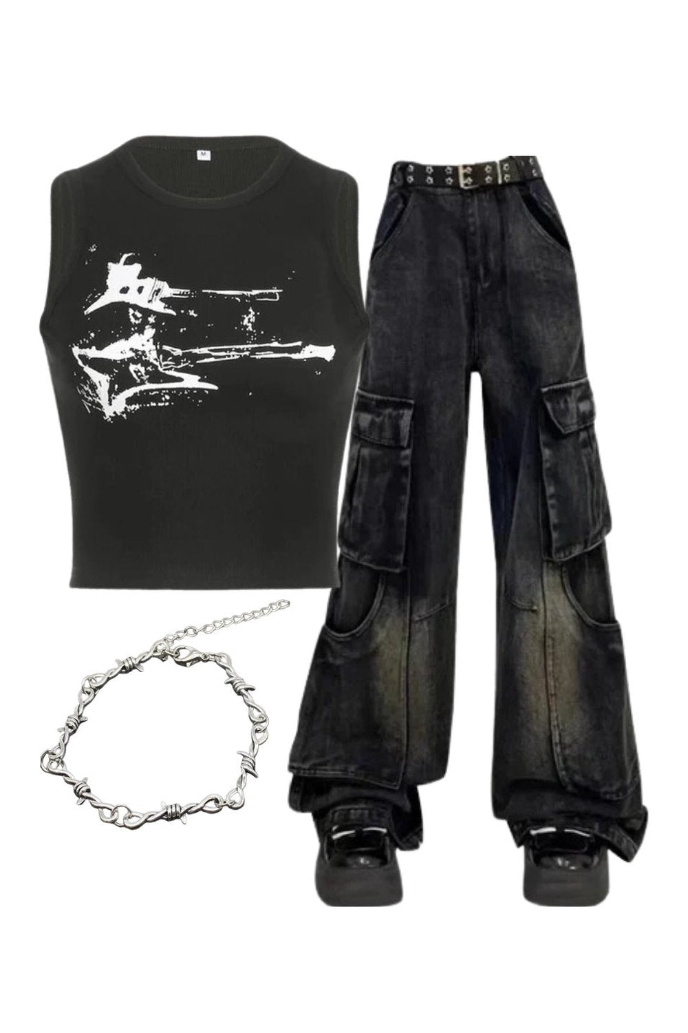 Y2k Outfit: Gothic Cargo Flare Jeans+Distressed Graphic Ribbed Top+Twisted Elegance Bracelet Default Title Shoptery