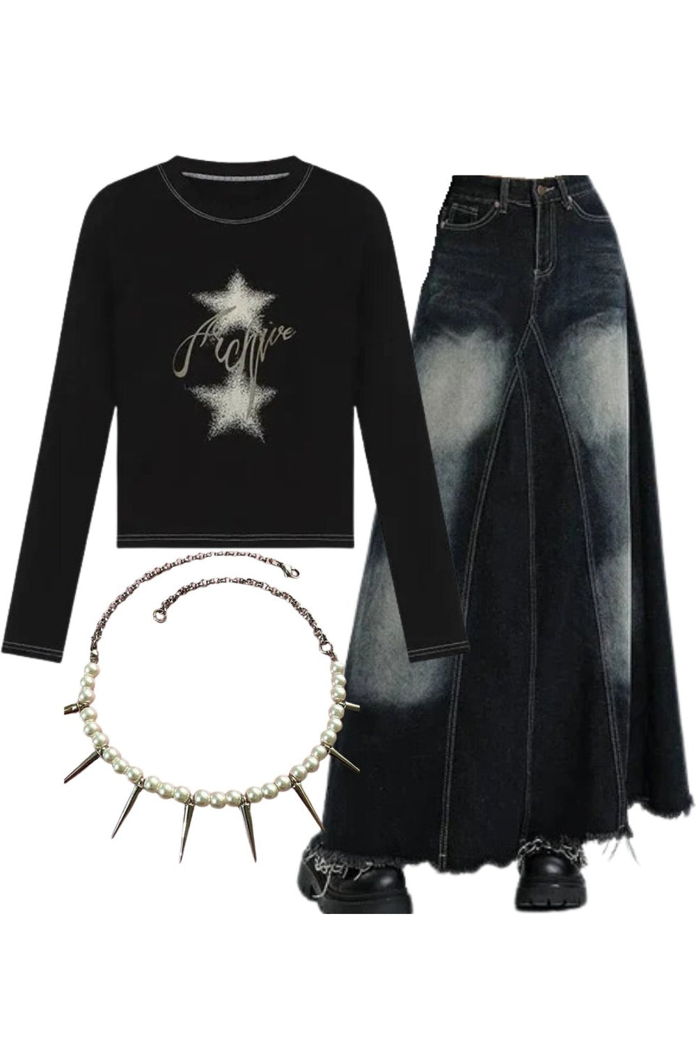 Y2k Outfit: Stellar Sparkle Top+Faded Black Maxi Denim Skirt+Pearl Spike Necklace Default Title Shoptery