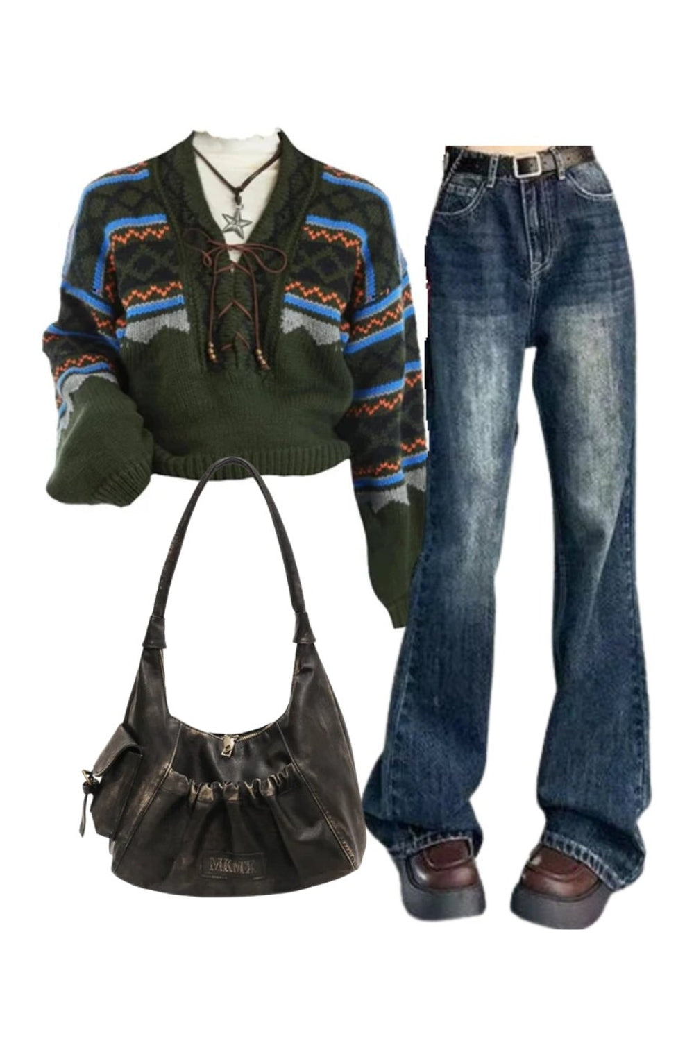 Outfit: Retro Wash Flare Jeans+Forest Fair Isle Lace-Up Sweater+Rustic Ruched Shoulder Bag Default Title Shoptery