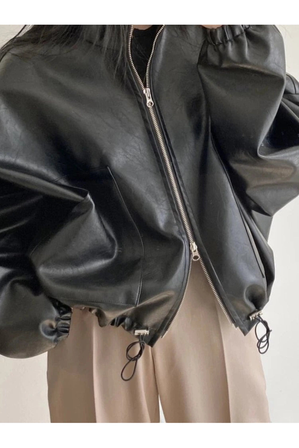 Aesthetic Fall Oversized Faux Leather Bomber Jacket Shoptery