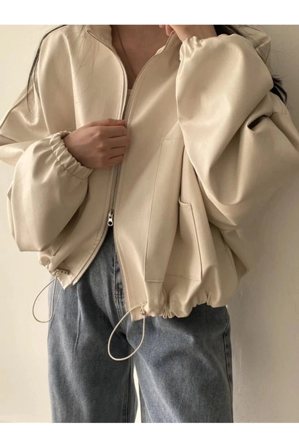 Aesthetic Fall Oversized Faux Leather Bomber Jacket Shoptery