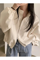 Aesthetic Fall Oversized Faux Leather Bomber Jacket Beige leather coat Shoptery