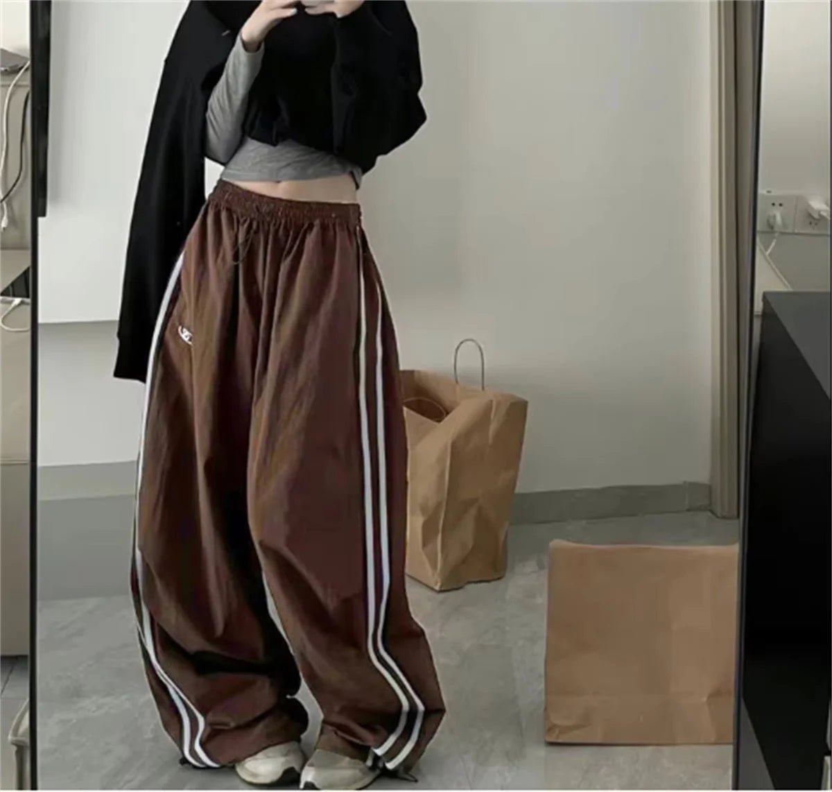 Y2k Oversized Retro Track Pants Dark Brown Shoptery