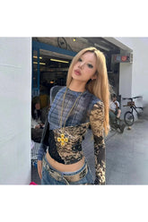 Alt Patchwork Clash Long Sleeve Mesh Top as photo Shoptery