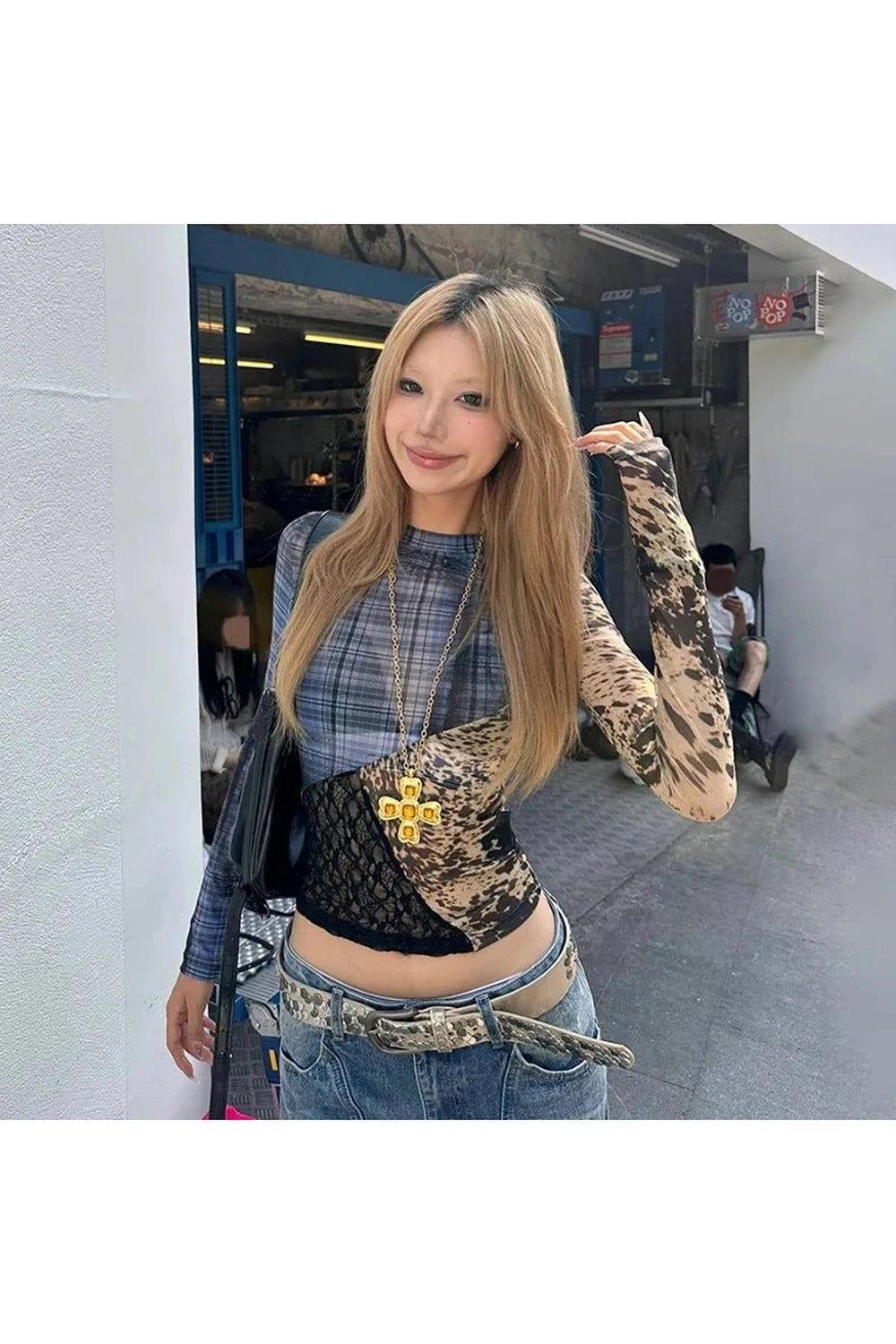 Alt Patchwork Clash Long Sleeve Mesh Top Shoptery