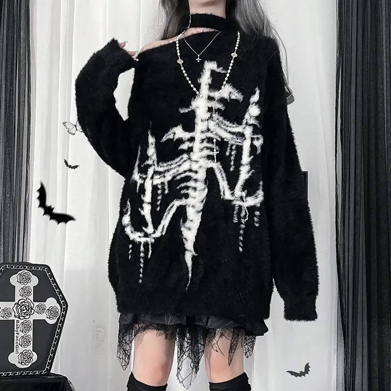 Phantom Skeleton Alt Goth Knit Sweater black Shoptery