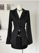 Aesthetic Pinstripe Power Blazer and Skirt Outfit Set Shoptery