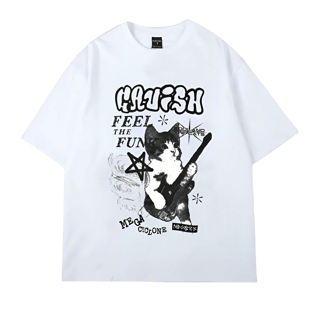 Punk Cat Graphic Oversized T-Shirt white Shoptery
