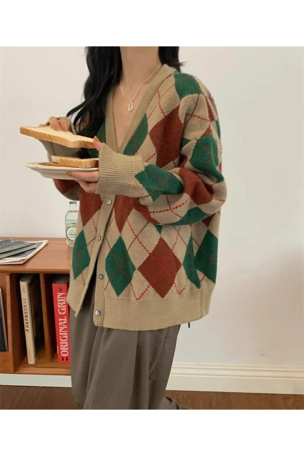 Retro Argyle Knit Cardigan Shoptery