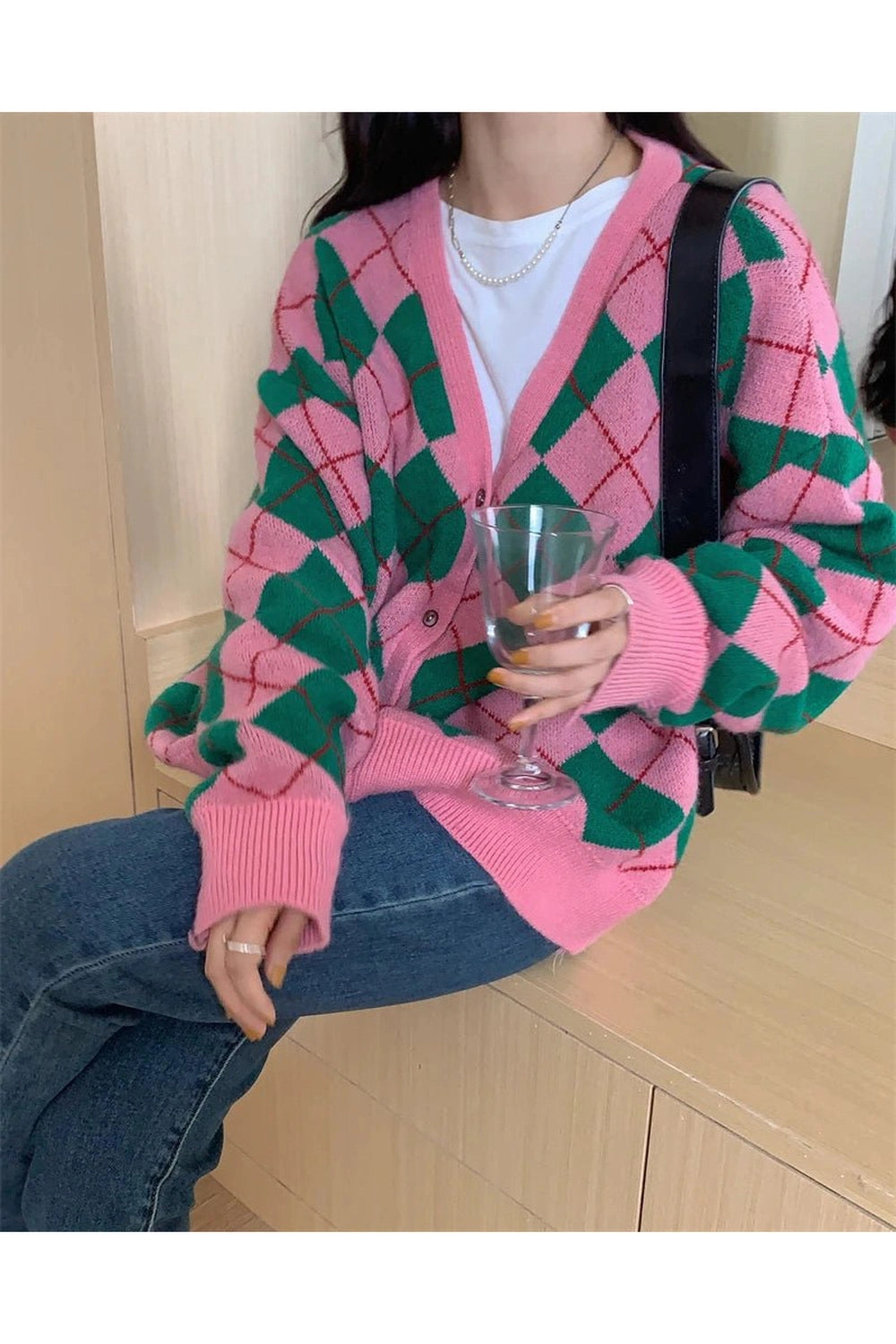 Retro Argyle Knit Cardigan Shoptery