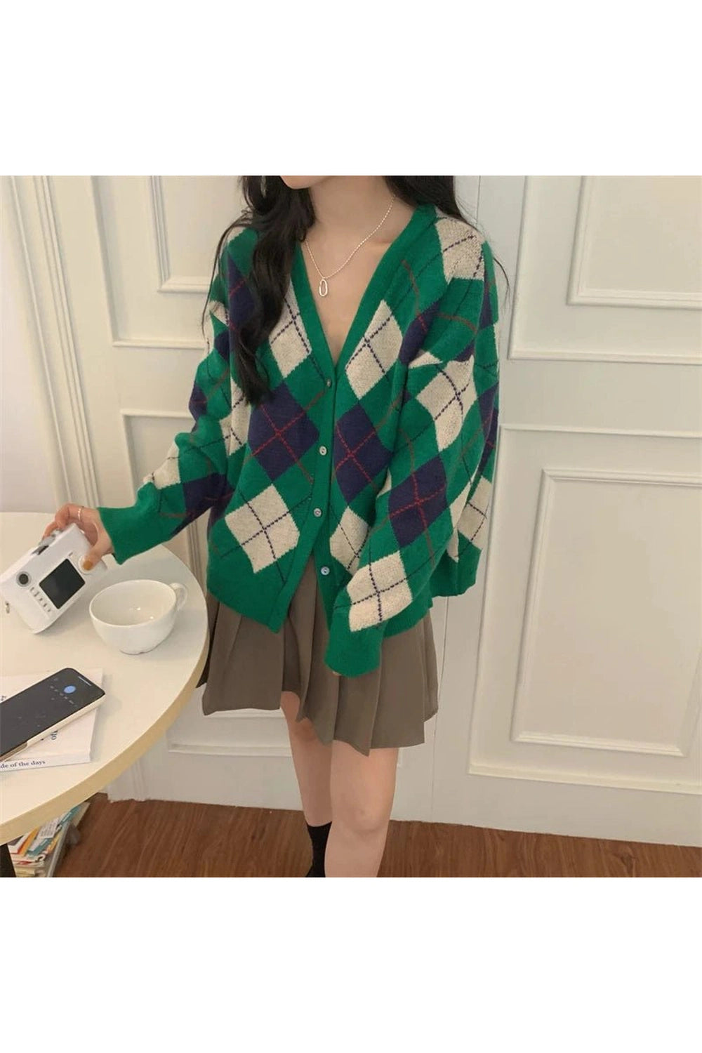 Retro Argyle Knit Cardigan green Shoptery