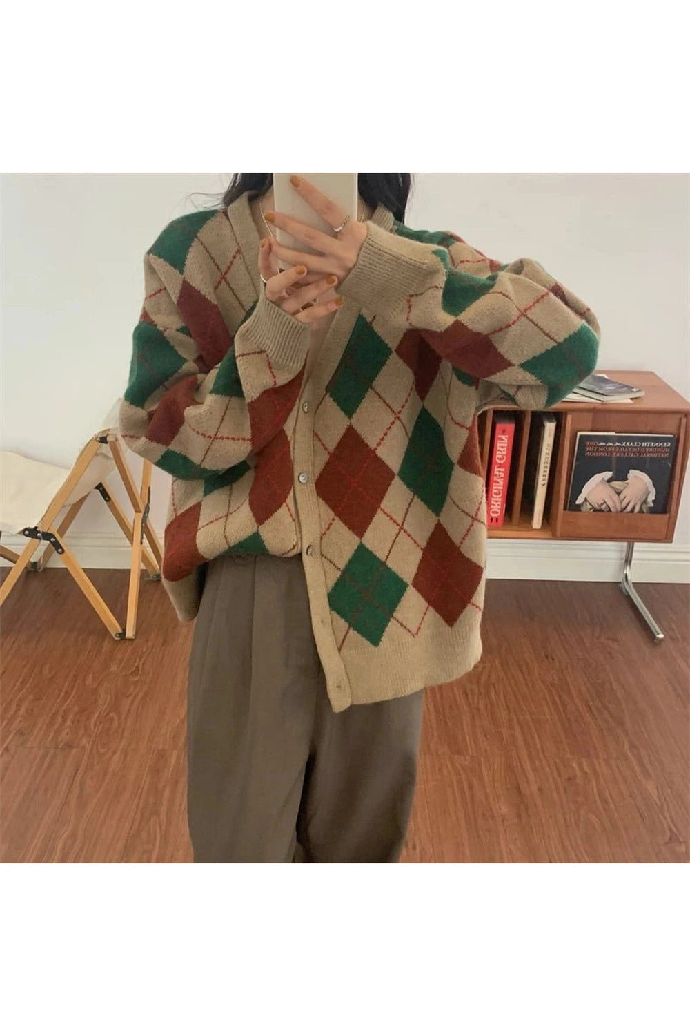 Retro Argyle Knit Cardigan Khaki Shoptery