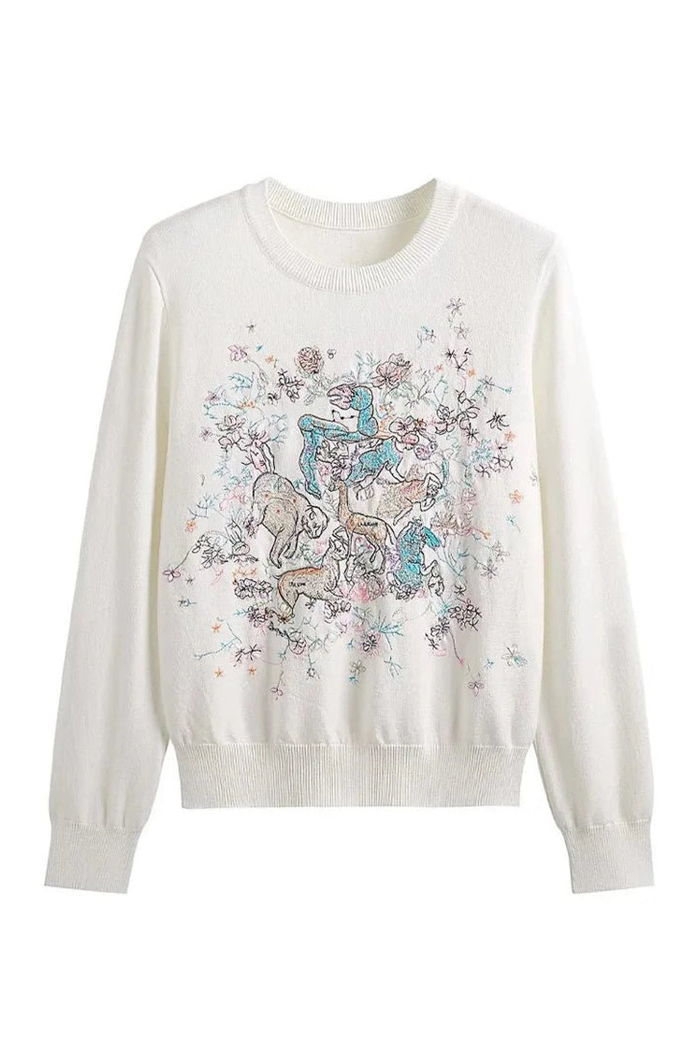 Retro Embroidery Knit Pullover Beige One Size Shoptery