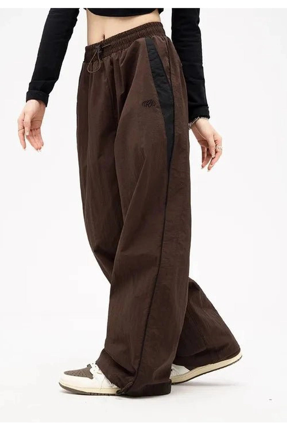 Retro Solid Drawstring Trousers brown Shoptery