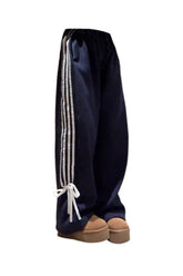 Y2k Ribbon Striped Wide-Leg Pants Navy Shoptery