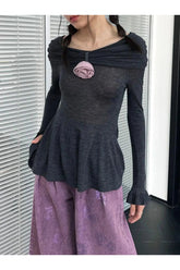 Aesthetic Romantic Ruffled Long Sleeve Top black Shoptery