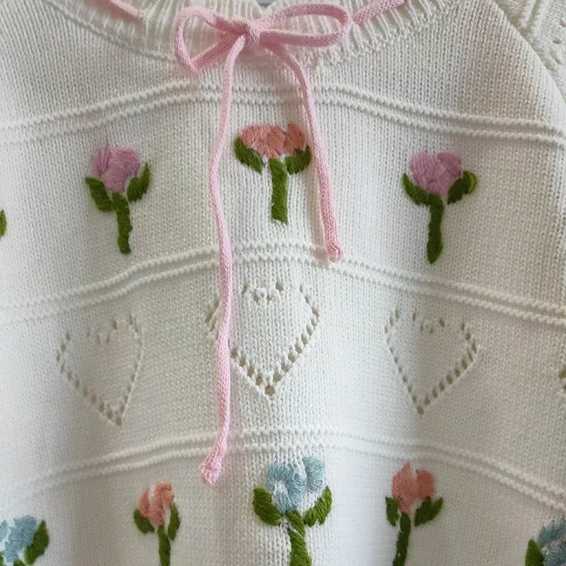 Rosy Whispers Retro Lace-Up Knit Sweater Shoptery