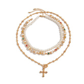 Royal Pearl Cross Layered Aesthetic Necklace Gold Color Shoptery
