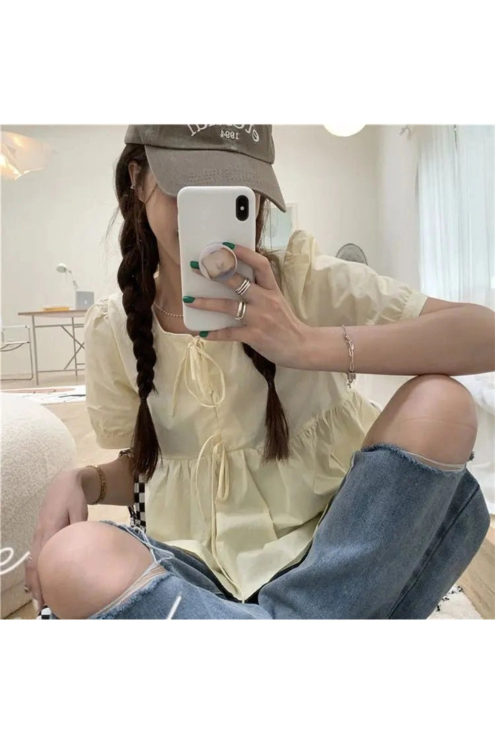 Coquette Ruffles Lace-up Blouse Yellow Shoptery