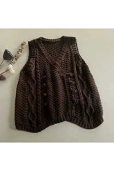 Retro Rustic Cable Knit Button Vest brown One Size Shoptery