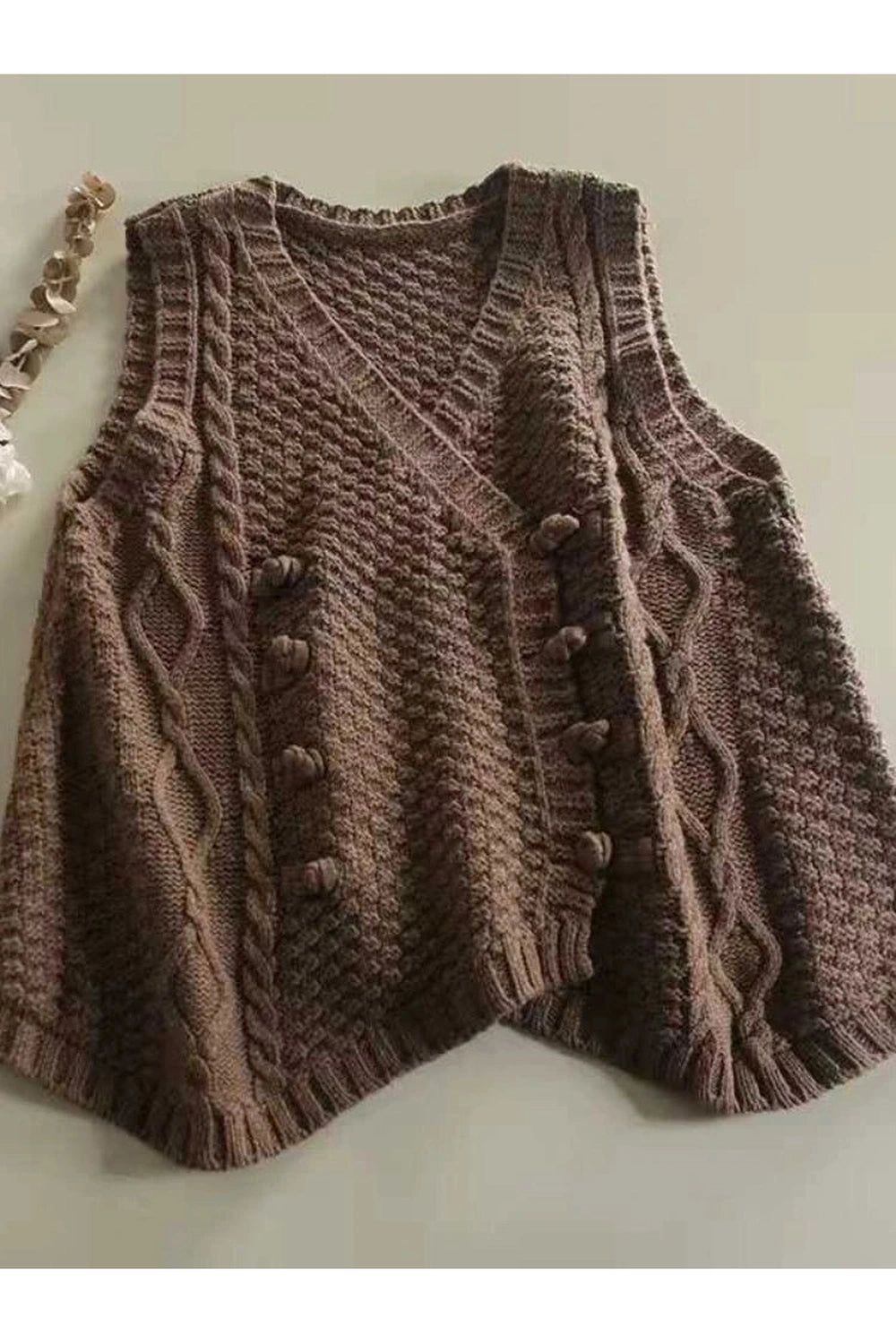 Retro Rustic Cable Knit Button Vest khaki One Size Shoptery