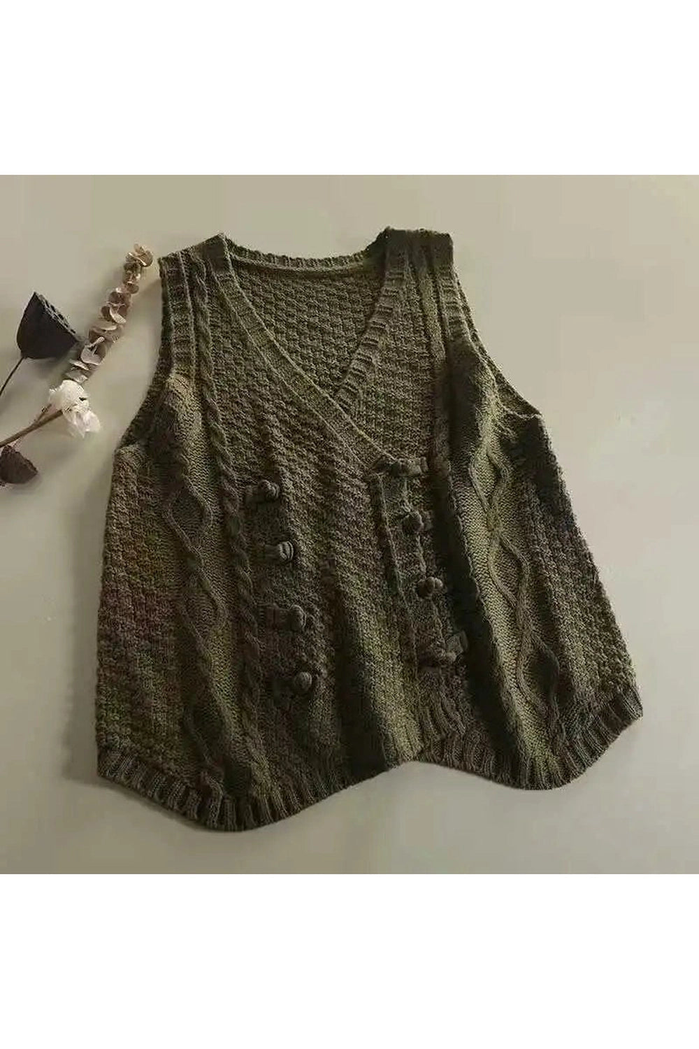 Retro Rustic Cable Knit Button Vest green One Size Shoptery