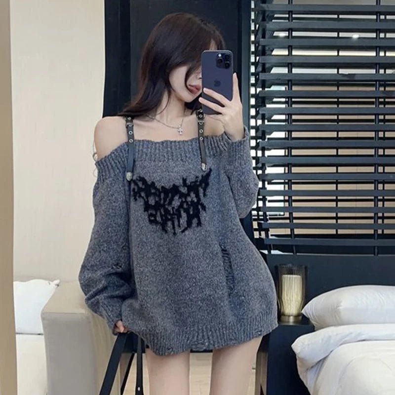 Shadow Straps Edgy Off-Shoulder Sweater Shoptery