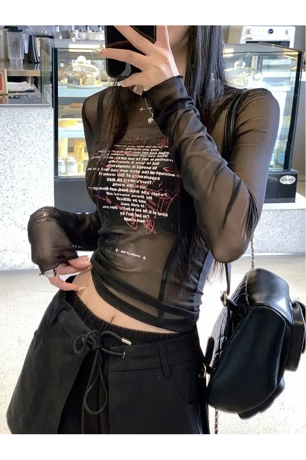 Y2k Sheer Black Text Graphic Mesh Long Sleeve Top Shoptery