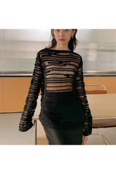 Sheer Shadow Striped Alt Knit Top black Shoptery