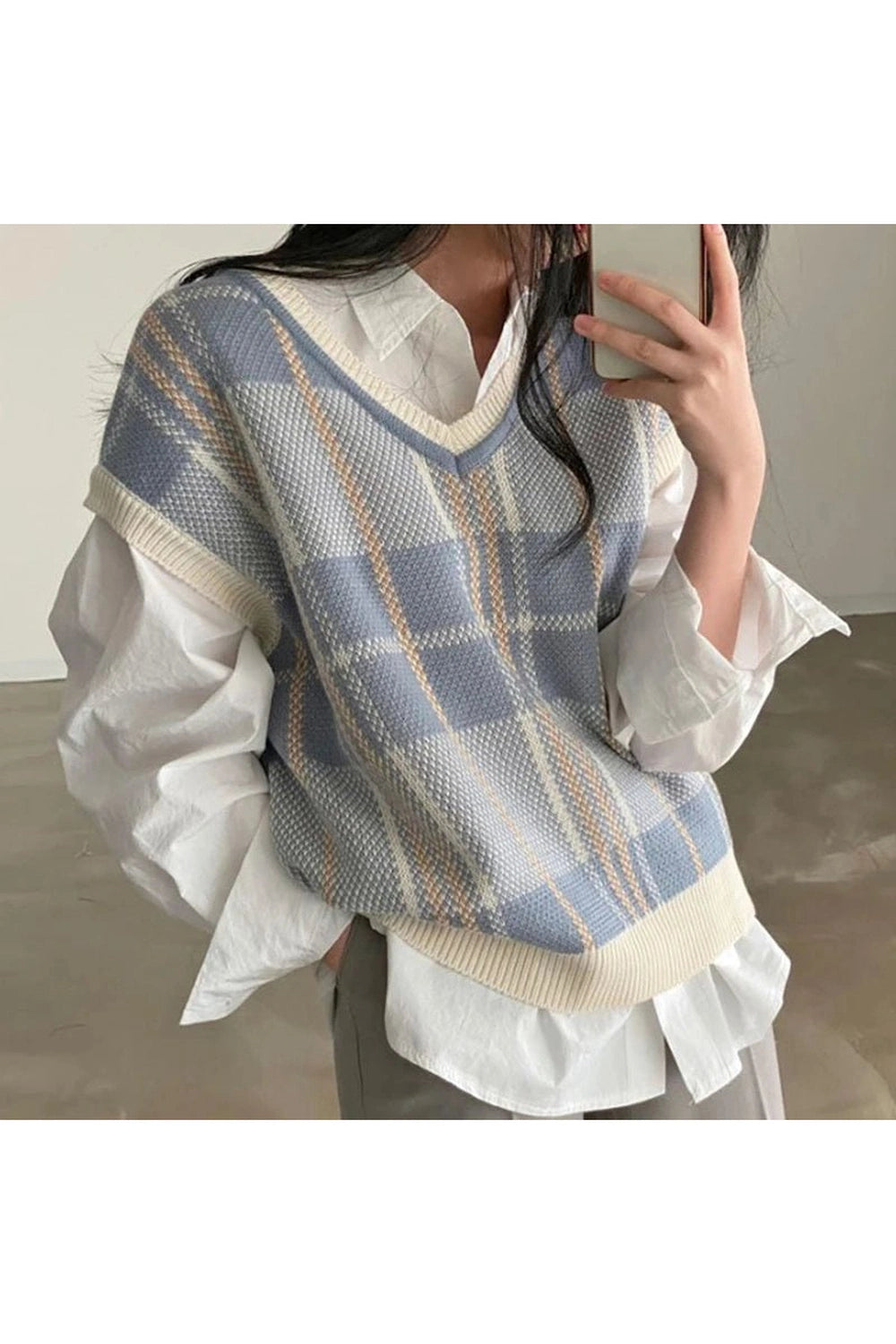 Retro Soft Pastel Plaid Sweater Vest Blue Shoptery