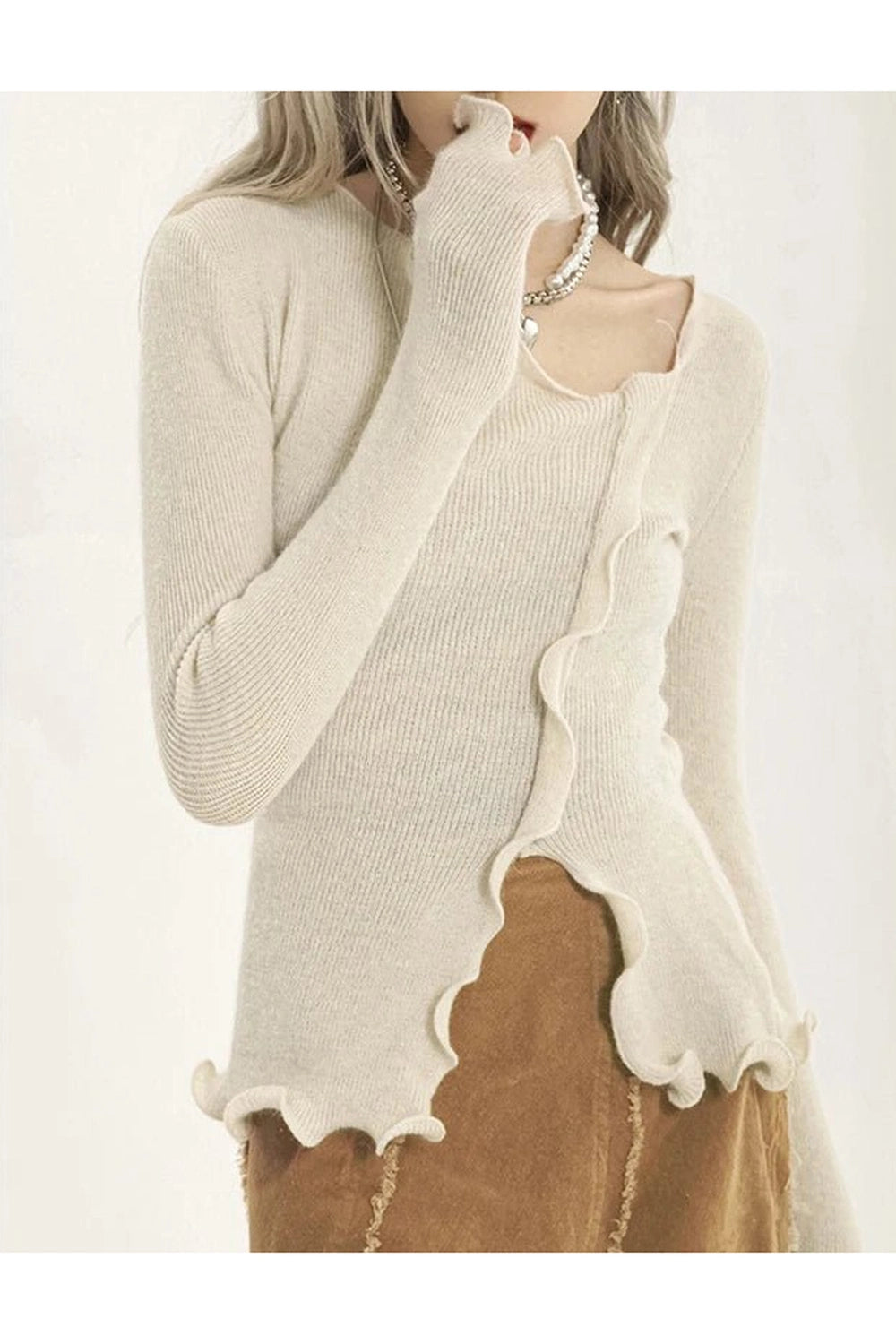 Aesthetic Soft Wave Ruffle Cardigan Beige One Size Shoptery
