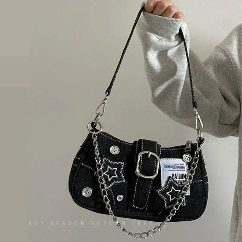 Star Rebel Y2k Denim Shoulder Bag Black (25X13X7 CM) Shoptery