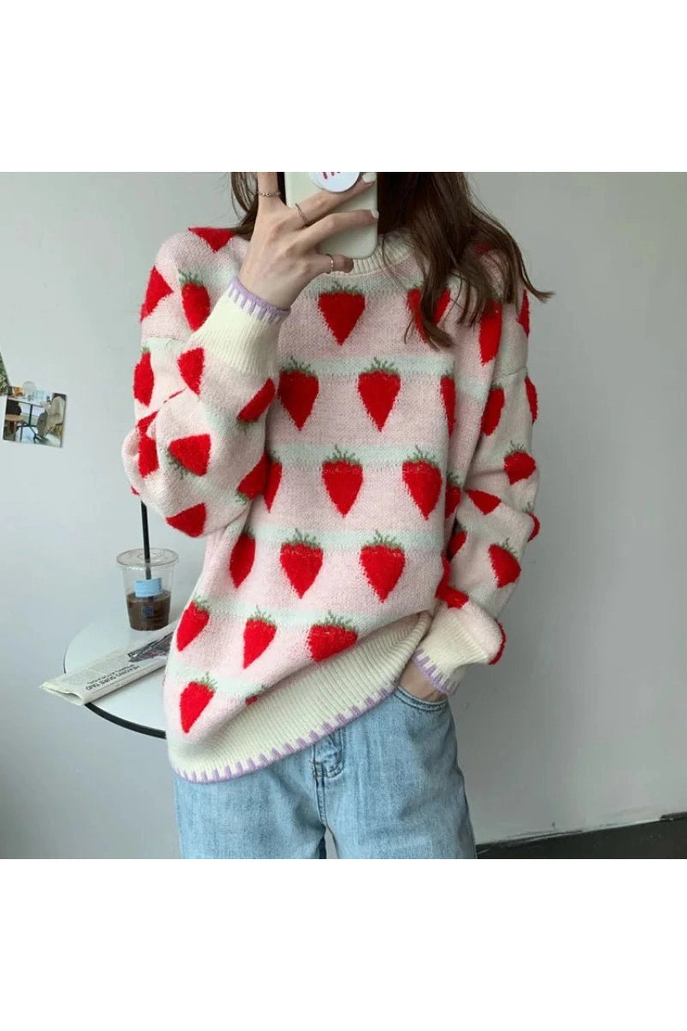 Retro Strawberry Fields Knit Sweater Strawberry One Size Shoptery