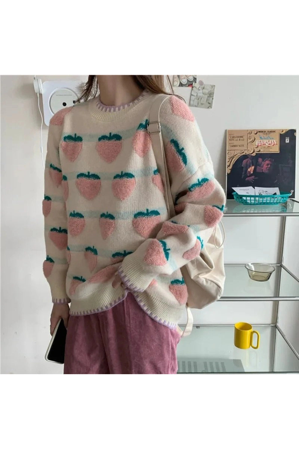 Retro Strawberry Fields Knit Sweater Peach One Size Shoptery