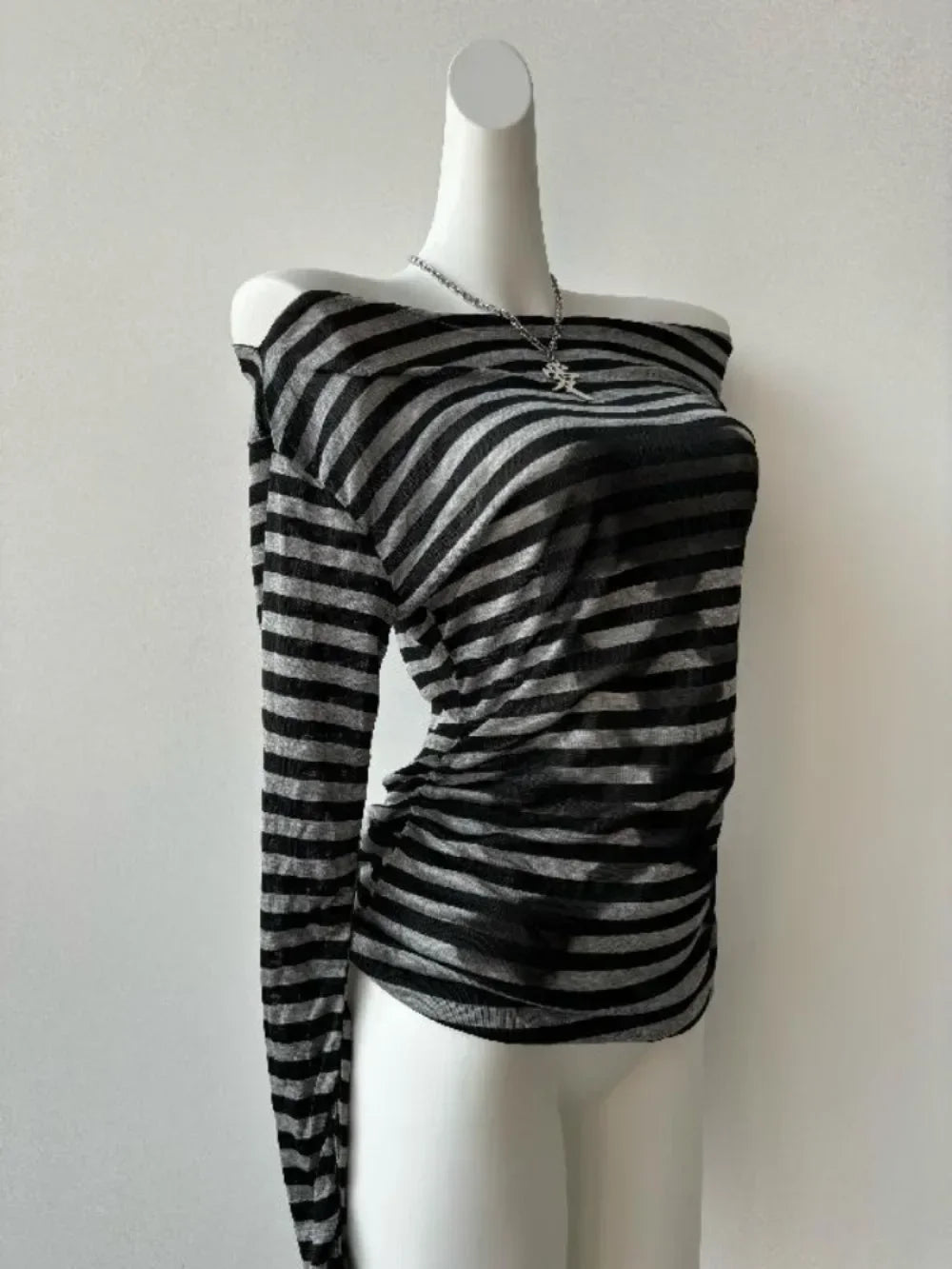 Alt Striped Shadow Print Mesh Top Shoptery