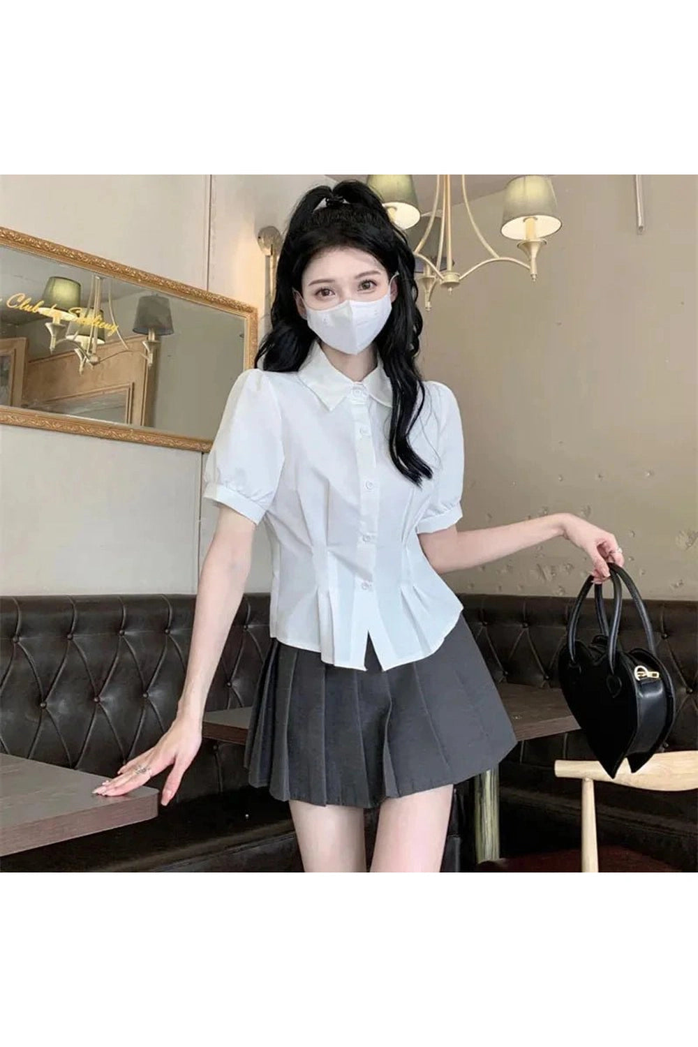 Summer Cropped Turndown Collar Blouse white CHINA Shoptery