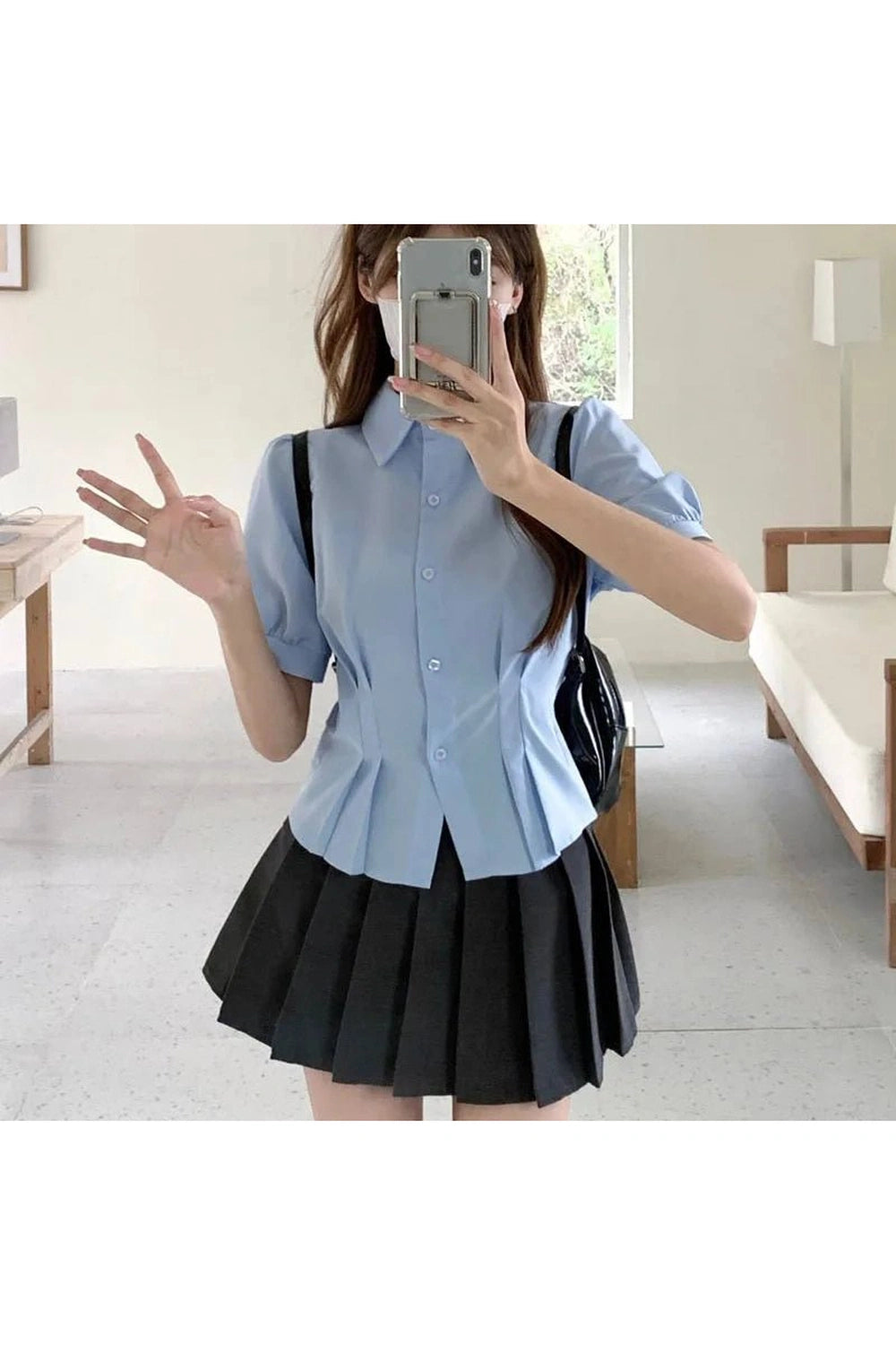 Summer Cropped Turndown Collar Blouse blue CHINA Shoptery