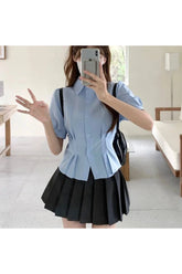 Summer Cropped Turndown Collar Blouse blue CHINA Shoptery