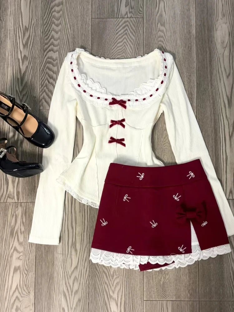 Sweetheart Ribbon Alt Lace Long Sleeve Outfit Set 2-piece set Shoptery