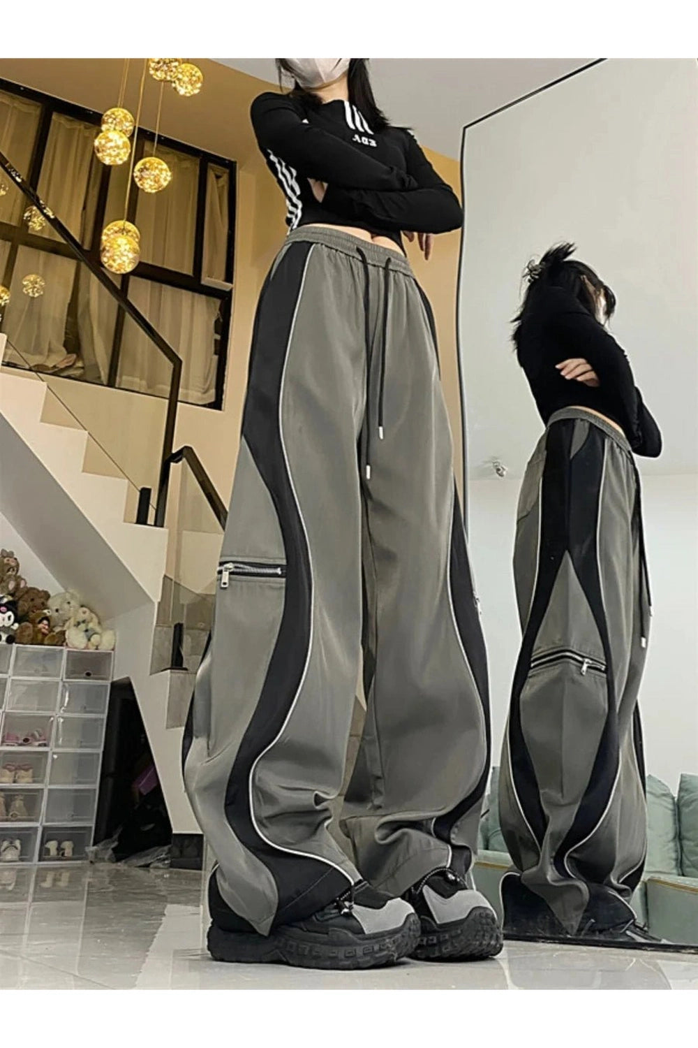 Y2k Techwear Contrast Wide-Leg Pants Shoptery