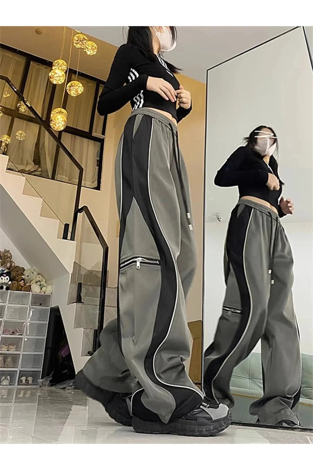 Y2k Techwear Contrast Wide-Leg Pants Shoptery