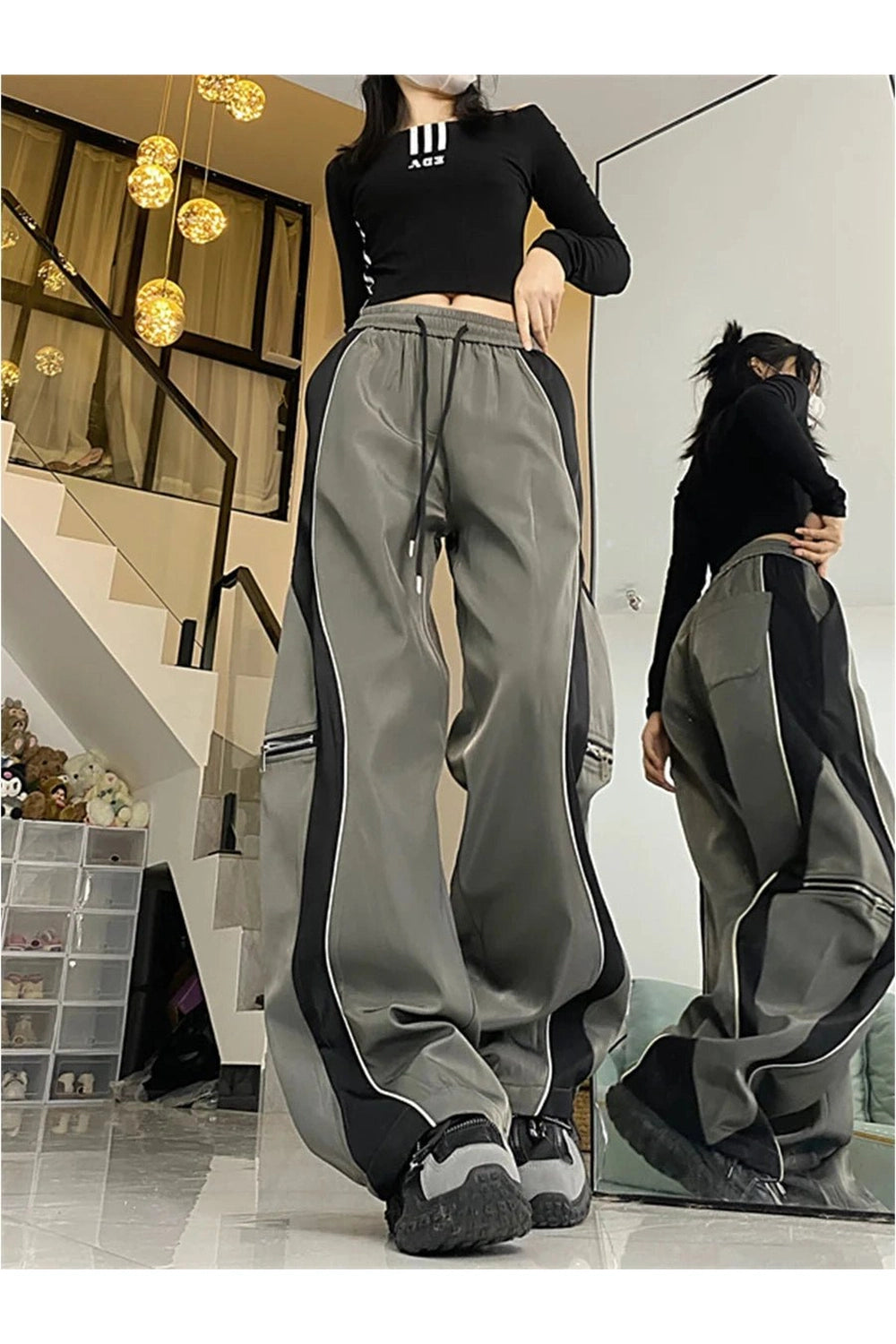 Y2k Techwear Contrast Wide-Leg Pants Shoptery