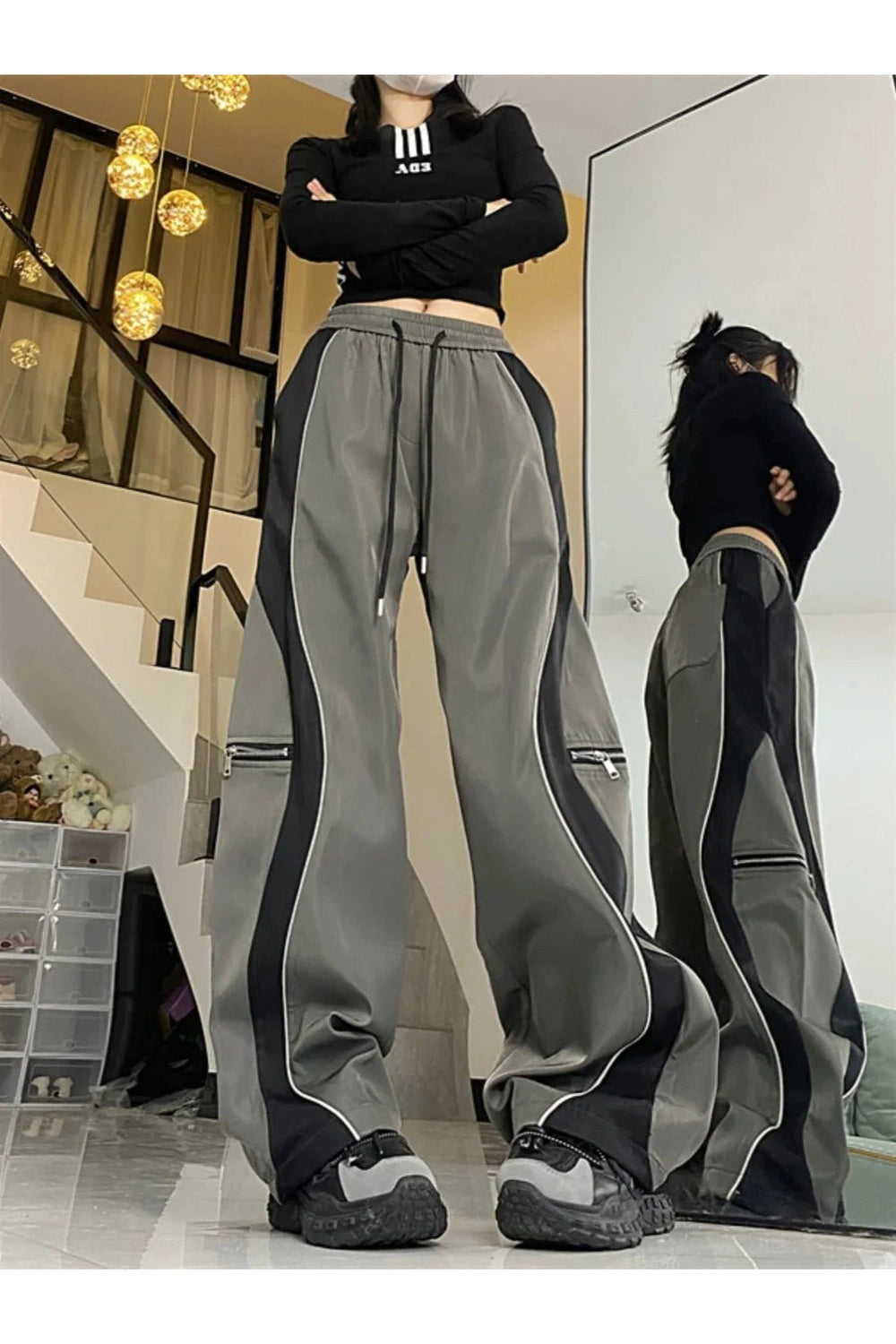 Y2k Techwear Contrast Wide-Leg Pants Shoptery