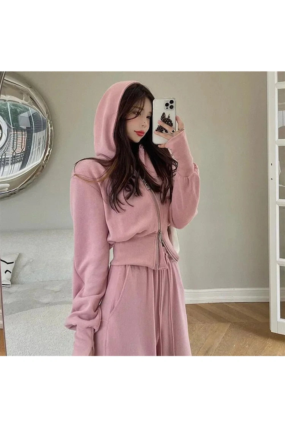 Aesthetic Two Piece Hooded Tracksuit Pink Shoptery