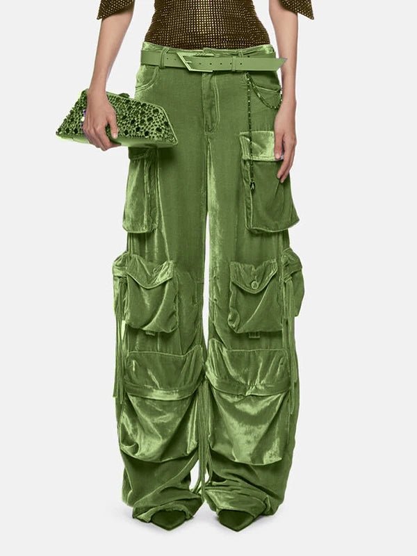 Y2k Velvet Vibe Utility Cargo Pants GREEN Shoptery